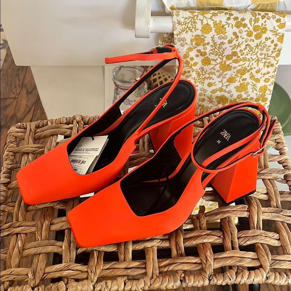 Zara Women's Orange Satin Block Heel Shoes
